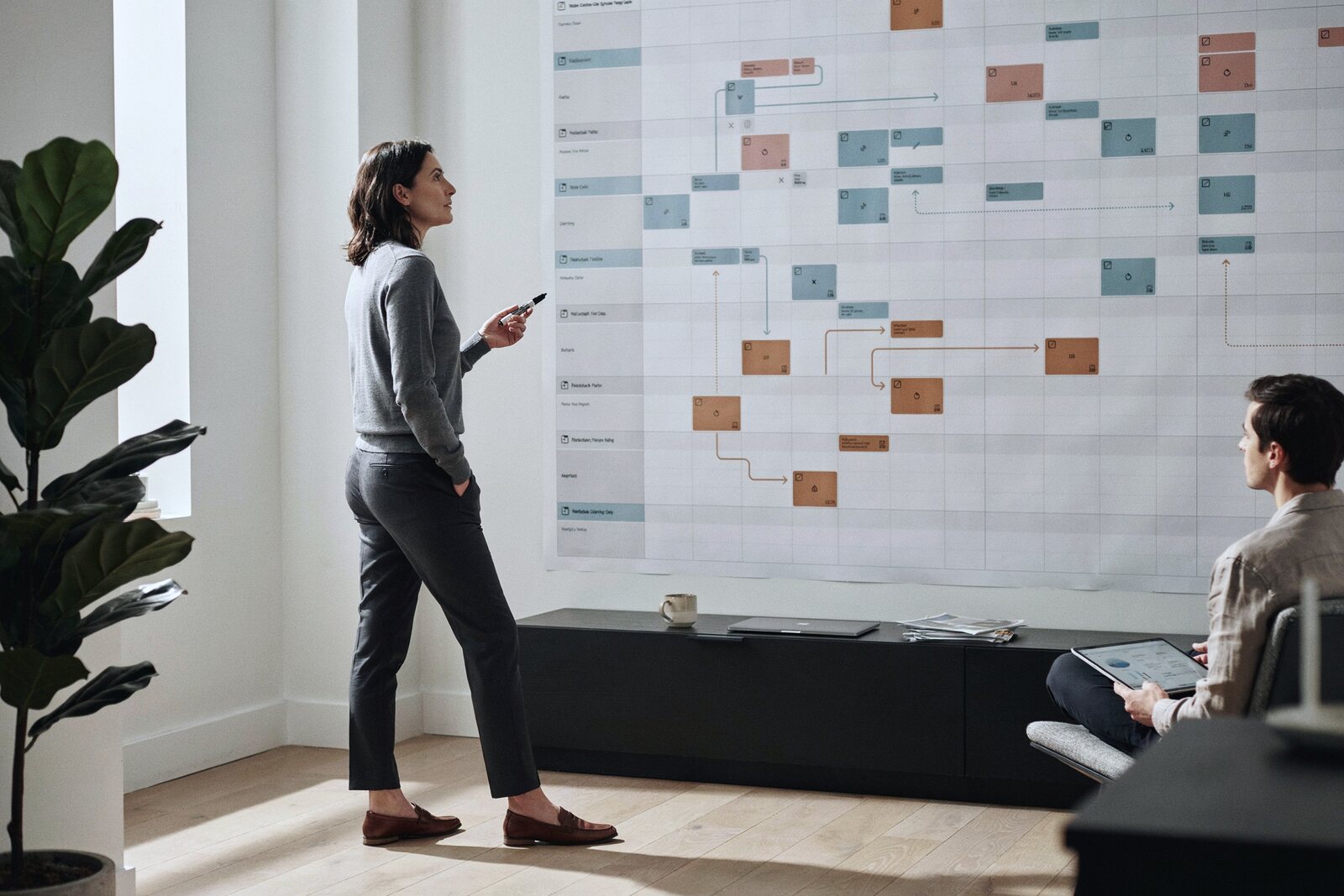 A planning session at a wall of project notes